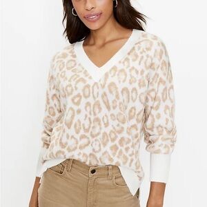 LOFT Cream and Tan Leopard V-Neck Sweater
